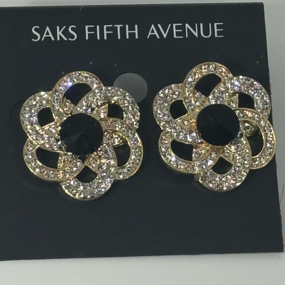 Saks Fifth Ave Gold Tone Flower Crystal Post Earrings With Black Crystal Center